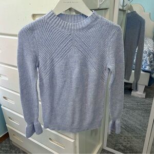 LOFT Soft Ice Blue Knit Bell Sleeve Flare Cable Knit Mock Neck Sweater ✨